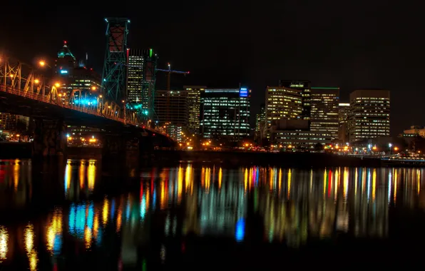 Картинка вода, ночь, мост, город, фото, дома, США, Portland