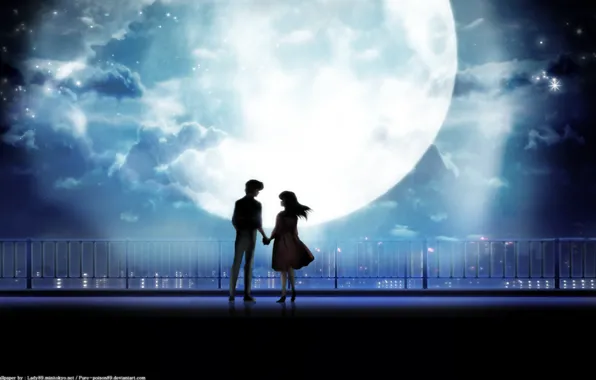 Картинка девушка, ночь, город, луна, пара, парень, maison ikkoku, takahashi rumiko