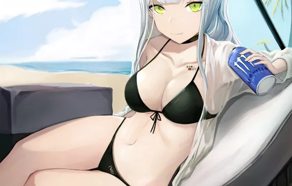 Girl, sexy, cleavage, beach, long hair, sea, boobs, anime