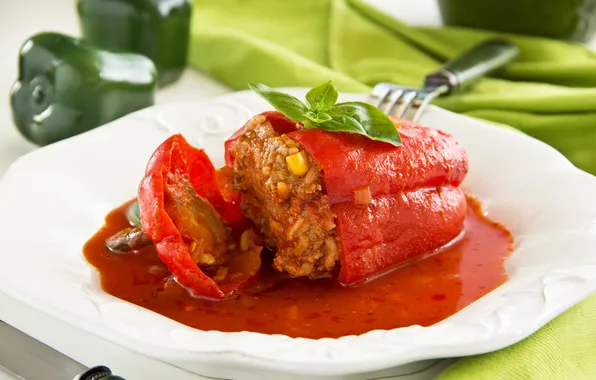 Второе блюдо, main dish, фаршированный мясом и овощами, Red pepper stuffed with meat and vegetables, …