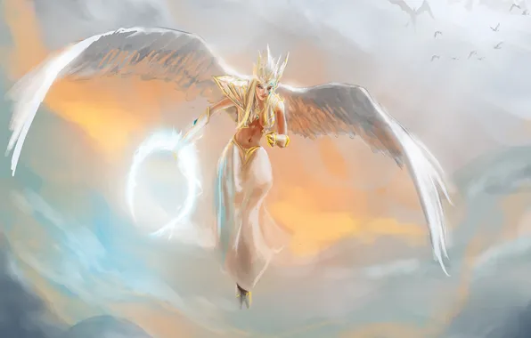 Картинка небо, птицы, игра, крылья, ангел, арт, Dota 2, Vengeful Spirit