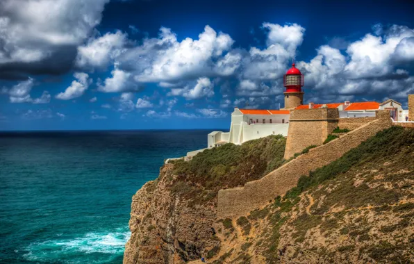 Картинка море, побережье, маяк, Португалия, Portugal, Cabo de Sao Vicente, Faro