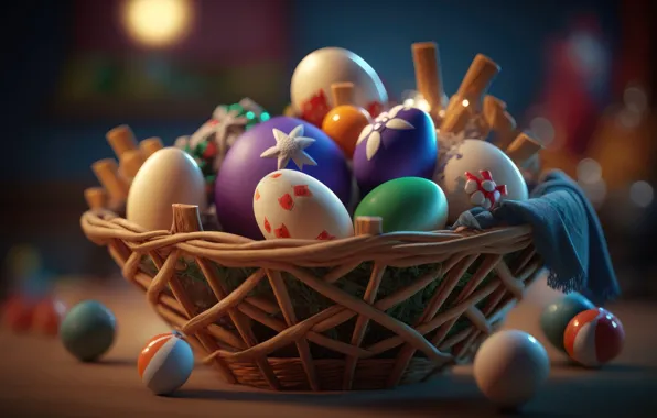 Корзина, яйца, colorful, Пасха, happy, background, Easter, eggs