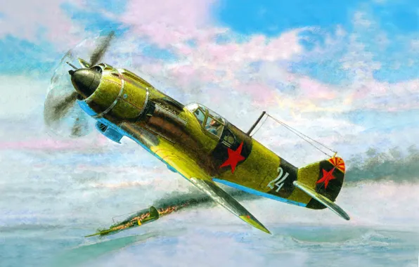Картинка небо, рисунок, истребитель, бой, воздушный, бомбардировщик, подбитый, немецкий