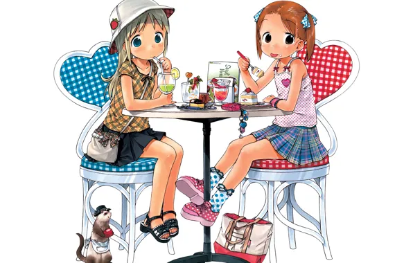 Девочки, аниме, арт, кафе, пирожное, Клубничный зефир, Ichigo Mashimaro