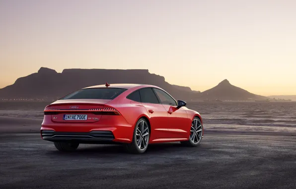 Закат, вечер, седан, вид сзади, Sportback, Audi A7, 2019