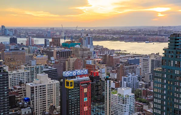 Картинка рассвет, Нью-Йорк, небоскребы, панорама, залив, США, мегаполис, Manhattan