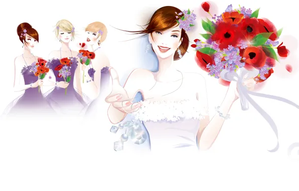 Картинка украшения, цветы, fashion, невеста, улыбки, платья, букеты, подружки