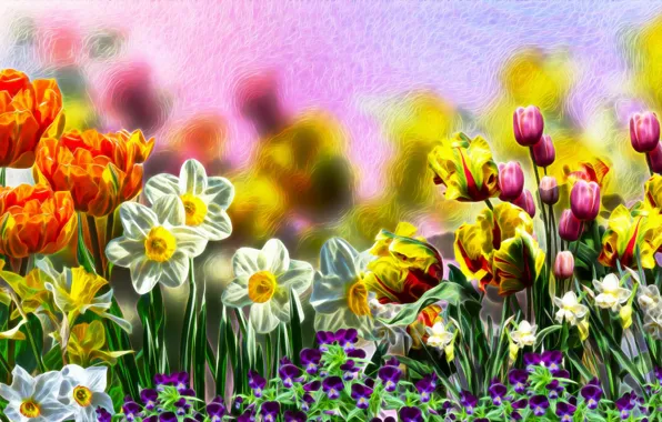 Tulipany, Kwiaty, Bratki
