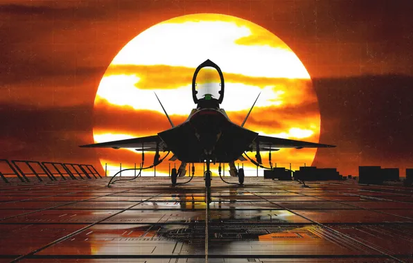 Картинка Закат, Солнце, Самолет, Истребитель, F-22, Raptor, Рендеринг, F-22 Raptor