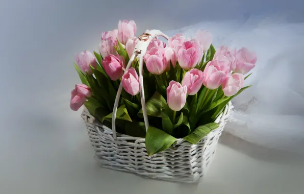 Букет, кольца, тюльпаны, корзинка, фата, свадьба, обручальные