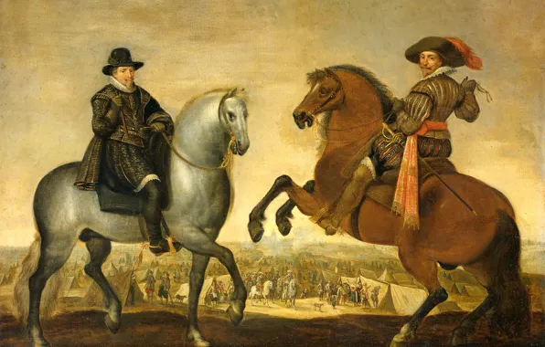 Картинка картина, жанровая, Pauwels van Hillegaert, Принц Морис и Принц Фредерик Генри на Лошадях