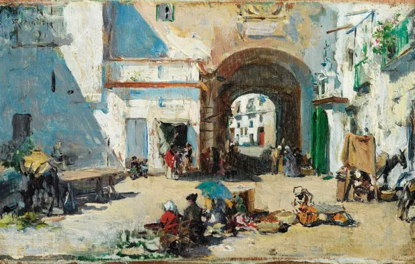 Масло, панель, арка, переулок, Раймундо де Мадрасо-и-Гаррета, Уличная сцена