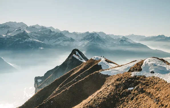 Картинка снег, горы, туман, люди, mountains, Alps, Swiss Alps, Швейцарские Альпы