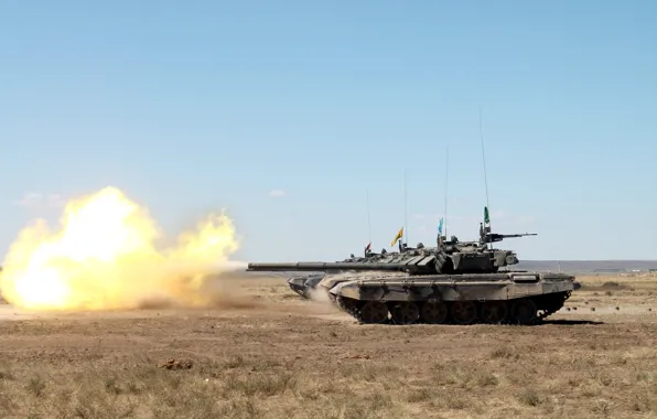 Картинка поле, огонь, танки, бронетехника, Т-90