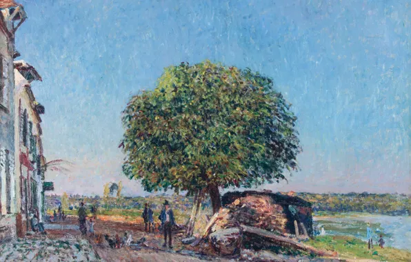 Деревья, пейзаж, улица, дома, картина, Alfred Sisley, Альфред Сислей, Каштан в Сен-Мамес