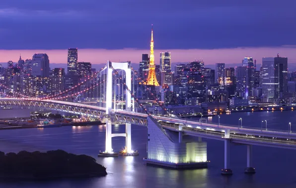 Мост, Япония, Токио, панорама, залив, Tokyo, Japan, ночной город