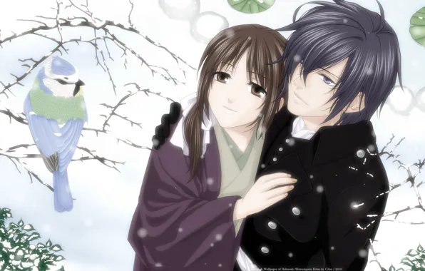 Картинка зима, девушка, снег, дерево, птица, пара, парень, Saito Hajime