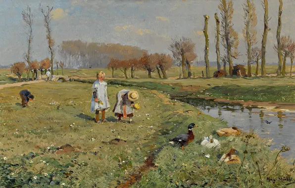 Oil on canvas, немецкий художник- импрессионист, Hugo Mühlig, German Impressionist painter, Хьюго Мюлиг, Blumenpflückende Kinder, …