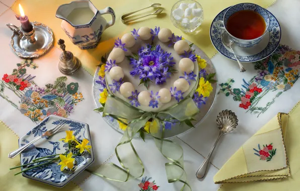 Картинка цветы, стиль, чай, свеча, Пасха, кружка, чашка, торт