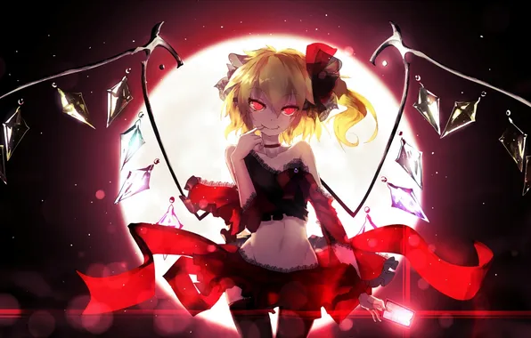 Девушка, луна, крылья, аниме, зеркало, арт, кристаллы, touhou