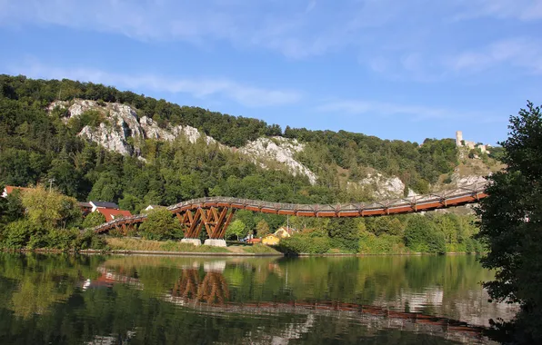 Лес, небо, деревья, горы, мост, природа, река, дома