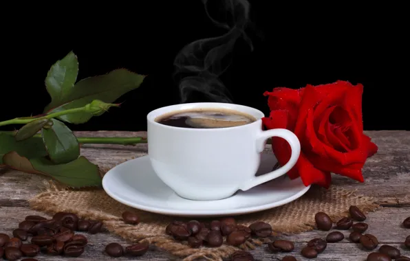 Картинка блюдце, чашка, зерна, красная, кофе, цветок, роза