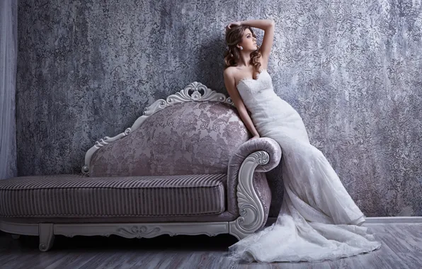 Поза, стиль, диван, платье, невеста, свадебное платье