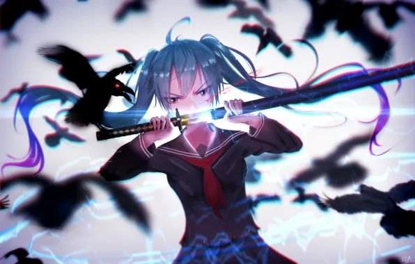 Взгляд, меч, катана, Hatsune Miku, Vocaloid, Вокалоид, Хатсуне Мику