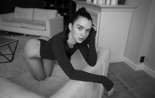 Girl, ass, bodysuit, monochrome, figure, model, women, living room