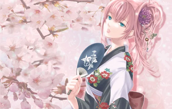 Картинка девушка, весна, аниме, сакура, веер, кимоно
