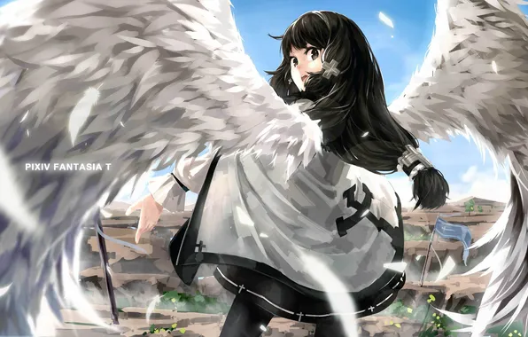 Картинка девушка, крылья, ангел, аниме, перья, арт