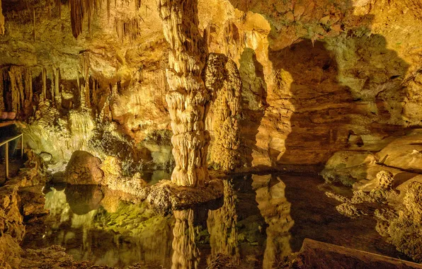 Картинка вода, свет, пещера, США, Нью-Мексико, колонна, грот, Carlsbad Caverns National Park