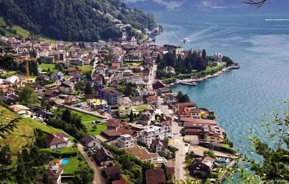 Озеро, берег, дома, Швейцария, вид сверху, Lake Lucerne, Gersau