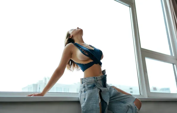 Boobs, model, women, window, jeans, brunette, closed eyes, underboob