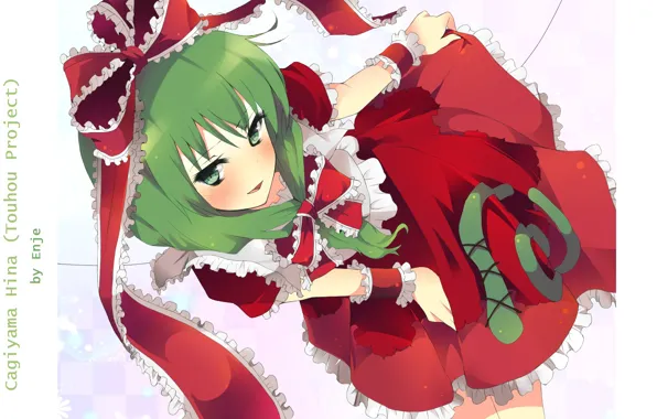 Зеленые волосы, Kagiyama Hina, смотрит вверх, красный бант, Touhou Project, Проект Восток, by Enje