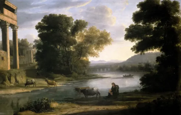 Картинка животные, река, картина, Клод Лоррен, Пейзаж с Пастухом