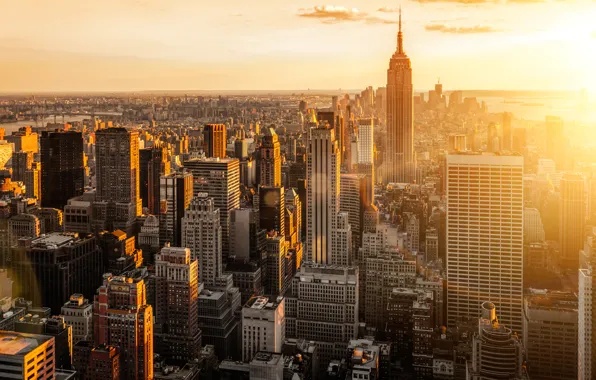 Картинка город, рассвет, вид, здания, дома, Нью-Йорк, небоскребы, утро