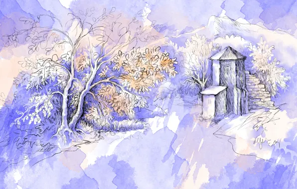 Пейзаж, дерево, рисунок, графика, башня, акварель, graphics, карандаш
