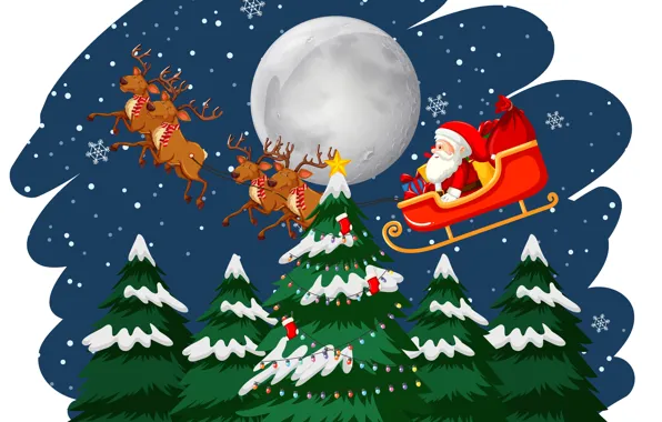 Картинка Зима, Ночь, Снег, Луна, Рождество, Новый год, Санта Клаус, Олени