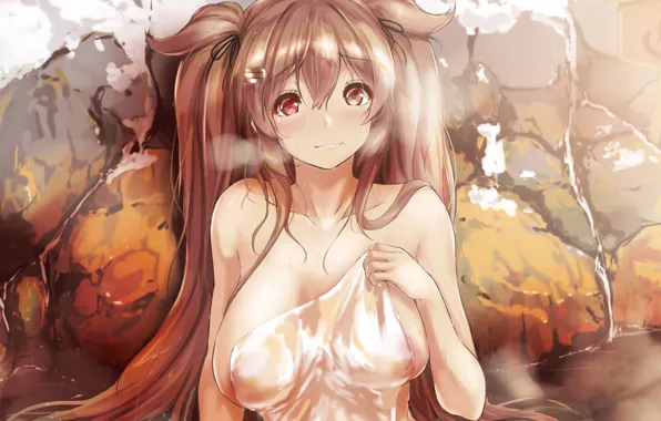 Girl, sexy, long hair, brown hair, boobs, anime, beautiful, red eyes