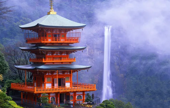 Водопад, Япония, пагода, Japan, Kyoto, Daygo-ji