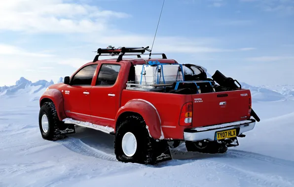 Картинка зима, снег, лыжи, северный полюс, red, Toyota, north pole, hilux