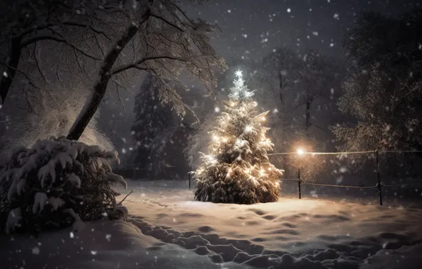 Зима, лес, снег, ночь, lights, елка, Новый Год, Рождество