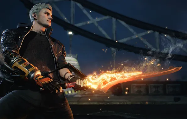 Огонь, меч, искры, парень, Devil May Cry 5