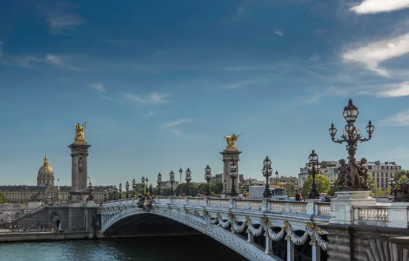 Небо, солнце, мост, река, Франция, Париж, дома, фонари
