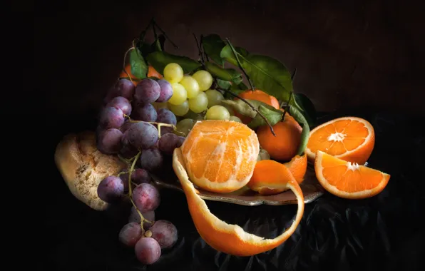 Апельсин, виноград, фрукты, натюрморт