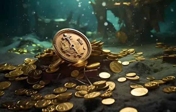 Море, золото, деньги, монеты, клад, морское дно, ИИ-арт, нейросеть