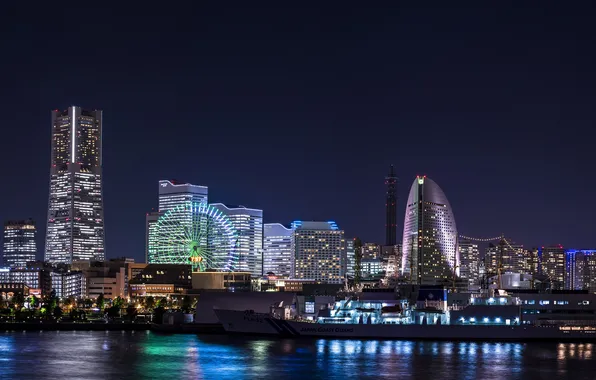 Море, Ночь, Япония, Небоскребы, Japan, Йокогама, Yokohama, Skyscrapers
