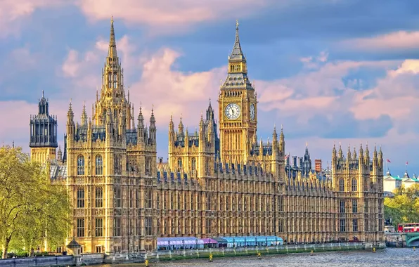Картинка небо, река, часы, Англия, Лондон, башня, Темза, парламент